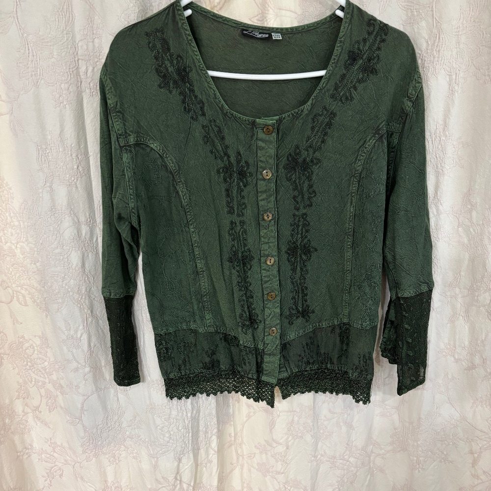 Lpogee Woman’s 3/4 Sleeve Button Up Embroidered Lace Bohemian Top Forest Green M